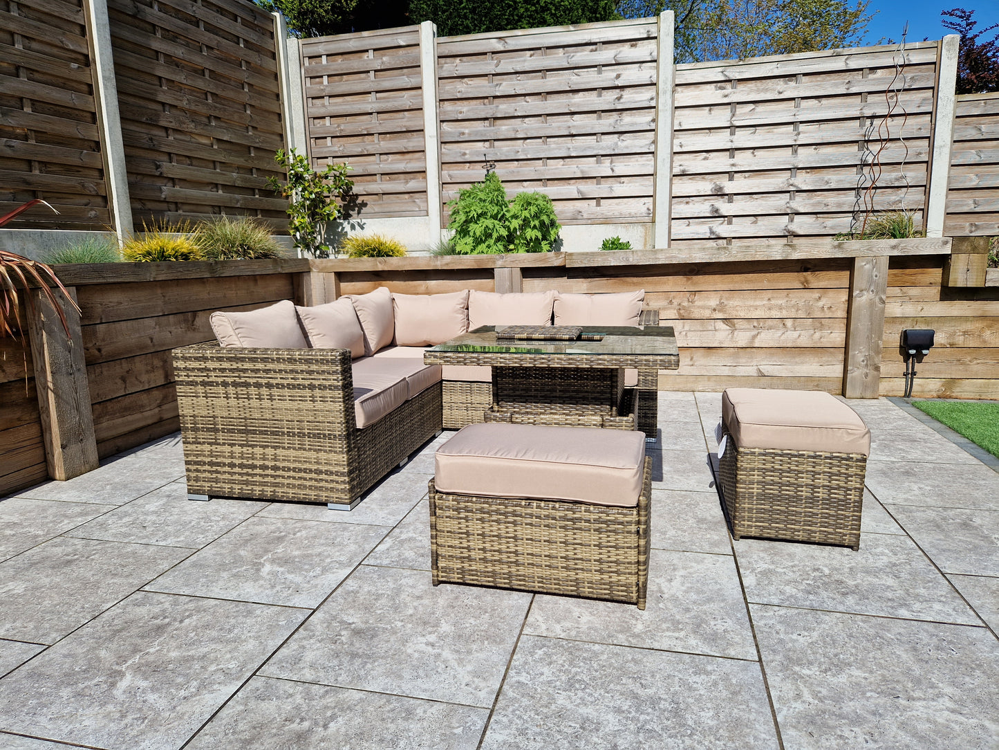 Signature Weave - Outdoor Furniture - Georgia Nature Brown Corner Sofa With Lift Table Ice Bucket & 2 Ottomans