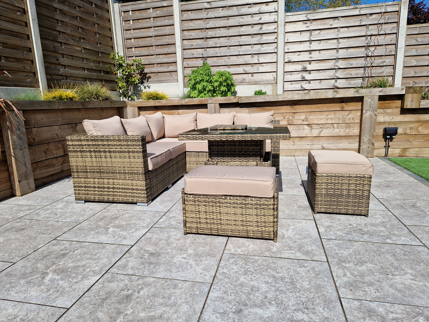 Signature Weave - Outdoor Furniture - Georgia Nature Brown Corner Sofa With Lift Table Ice Bucket & 2 Ottomans