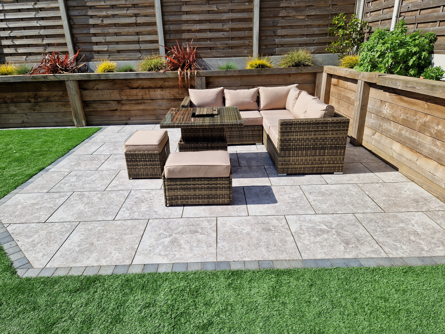 Signature Weave - Outdoor Furniture - Georgia Nature Brown Corner Sofa With Lift Table Ice Bucket & 2 Ottomans