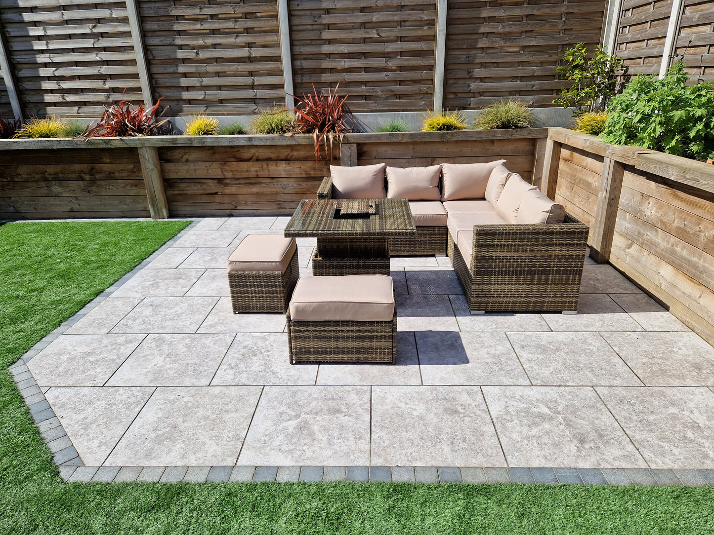 Signature Weave - Outdoor Furniture - Georgia Nature Brown Corner Sofa With Lift Table Ice Bucket & 2 Ottomans