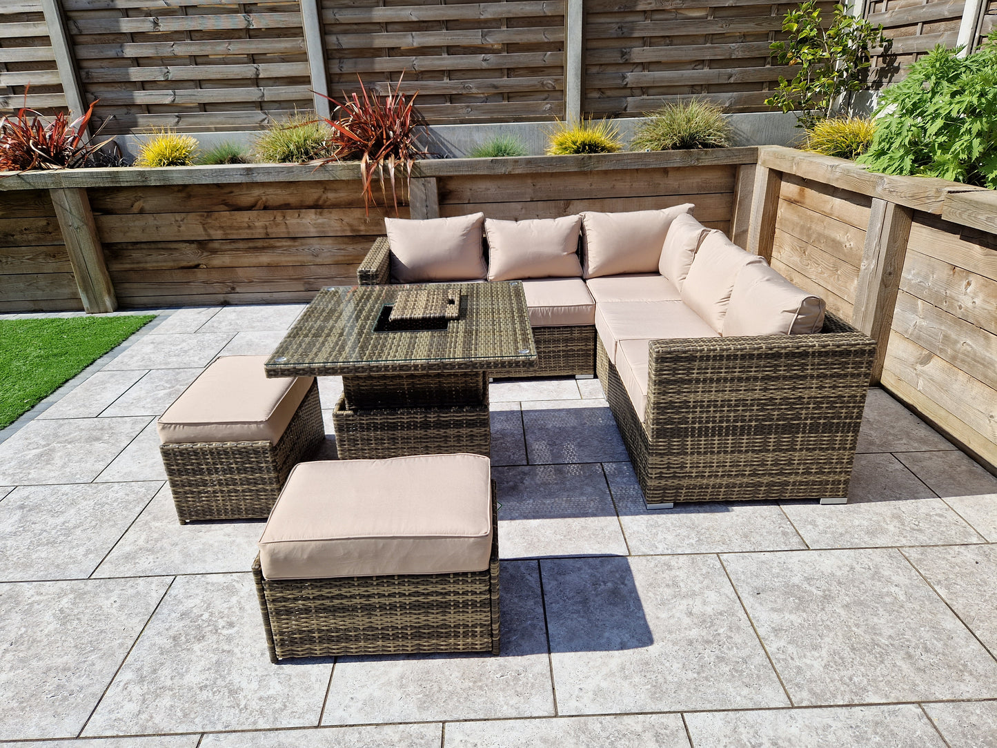 Signature Weave - Outdoor Furniture - Georgia Nature Brown Corner Sofa With Lift Table Ice Bucket & 2 Ottomans