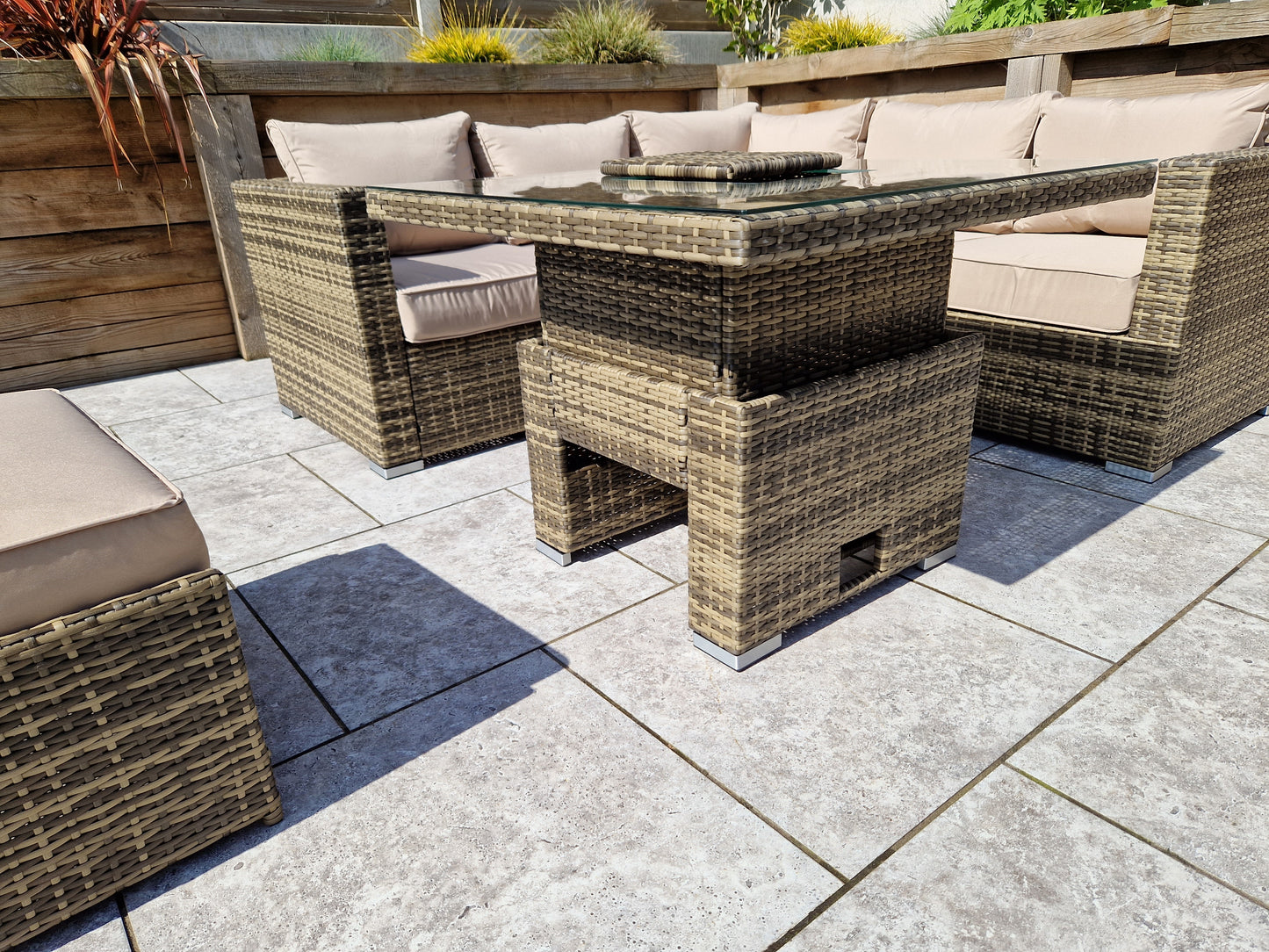 Signature Weave - Outdoor Furniture - Georgia Nature Brown Corner Sofa With Lift Table Ice Bucket & 2 Ottomans