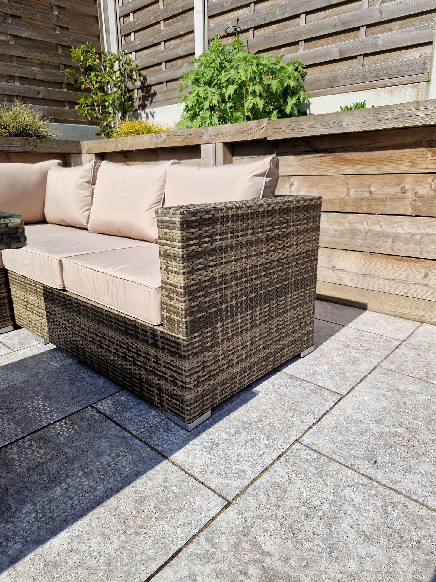 Signature Weave - Outdoor Furniture - Georgia Nature Brown Corner Sofa With Lift Table Ice Bucket & 2 Ottomans
