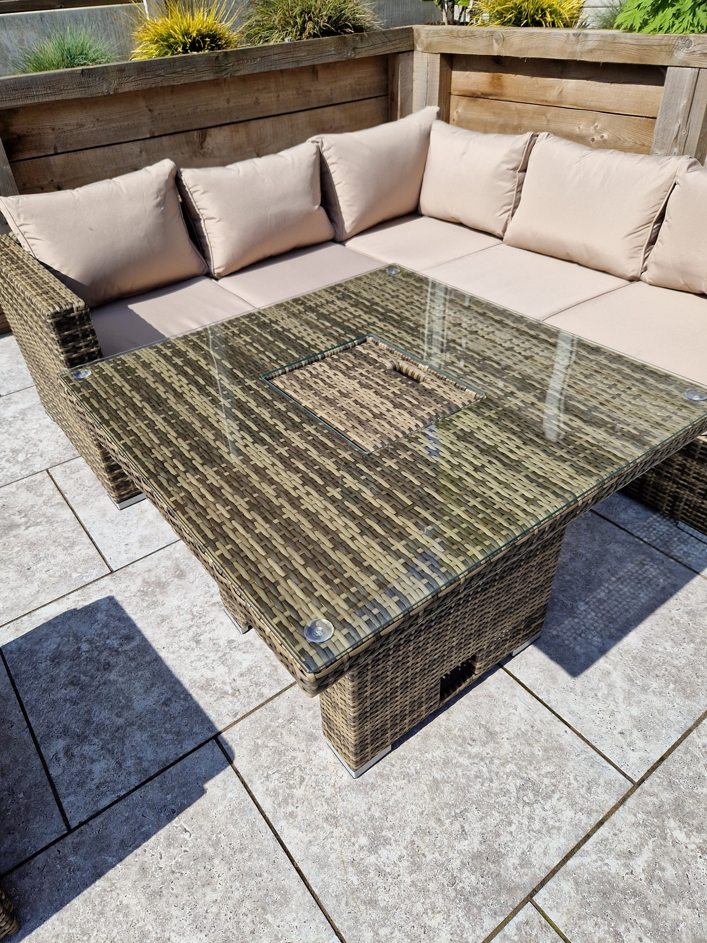 Signature Weave - Outdoor Furniture - Georgia Nature Brown Corner Sofa With Lift Table Ice Bucket & 2 Ottomans
