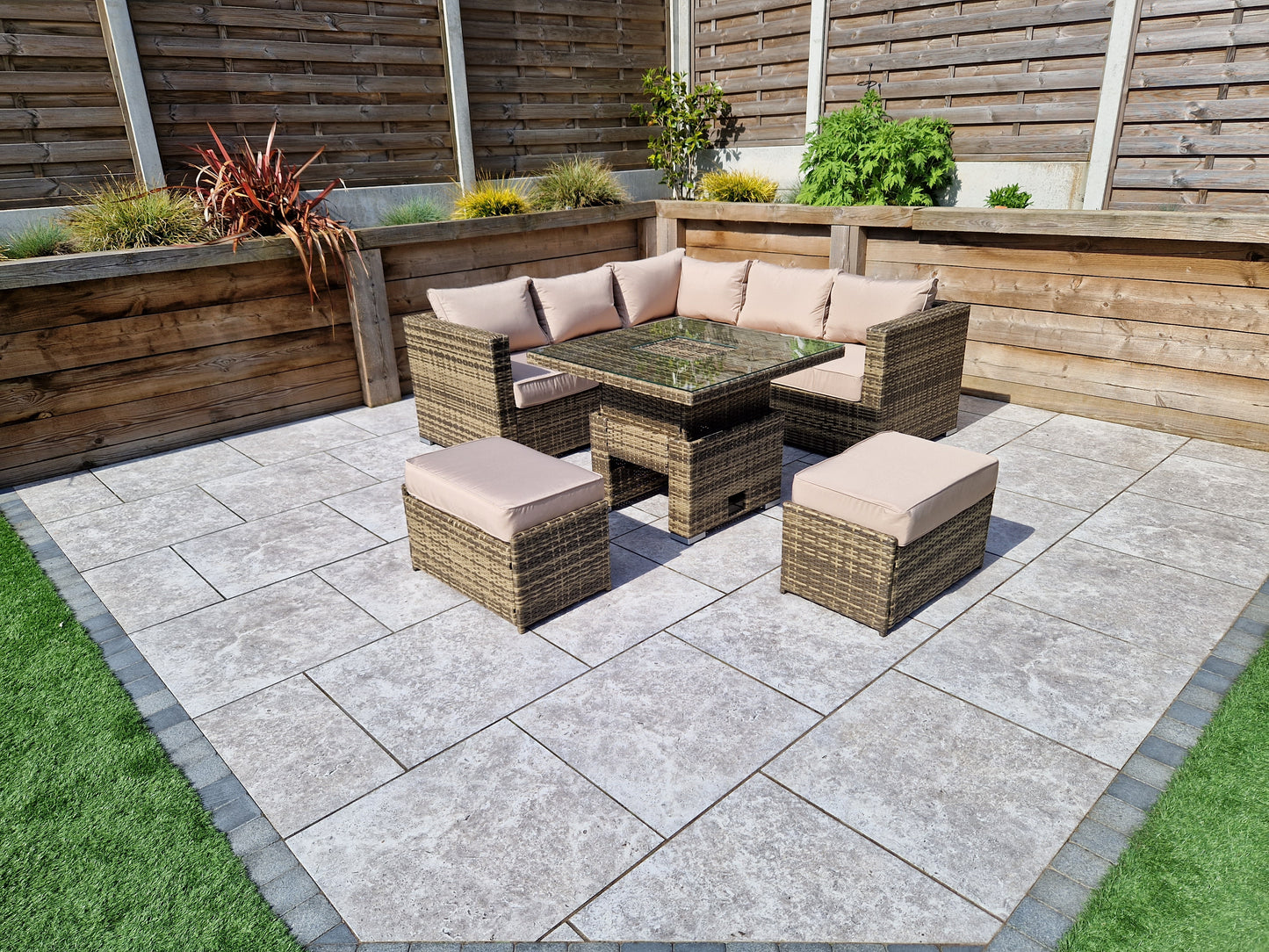 Signature Weave - Outdoor Furniture - Georgia Nature Brown Corner Sofa With Lift Table Ice Bucket & 2 Ottomans