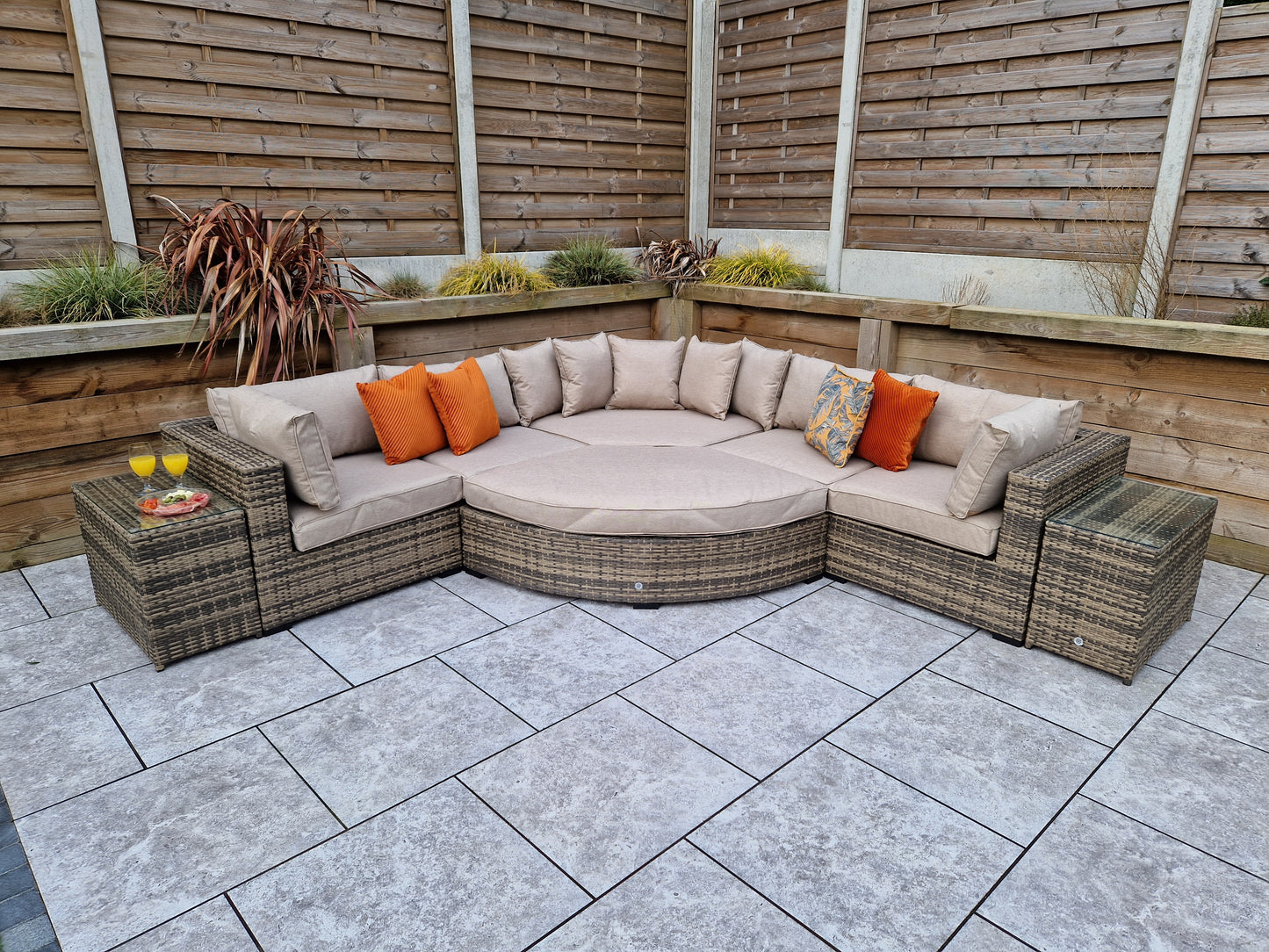 Signature Weave - Outdoor Furniture - Jessica - Corner With Poof & End Tables In Mixed Brown