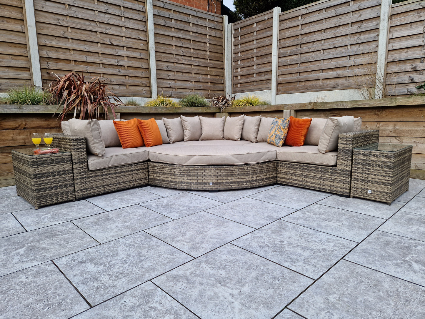 Signature Weave - Outdoor Furniture - Jessica - Corner With Poof & End Tables In Mixed Brown
