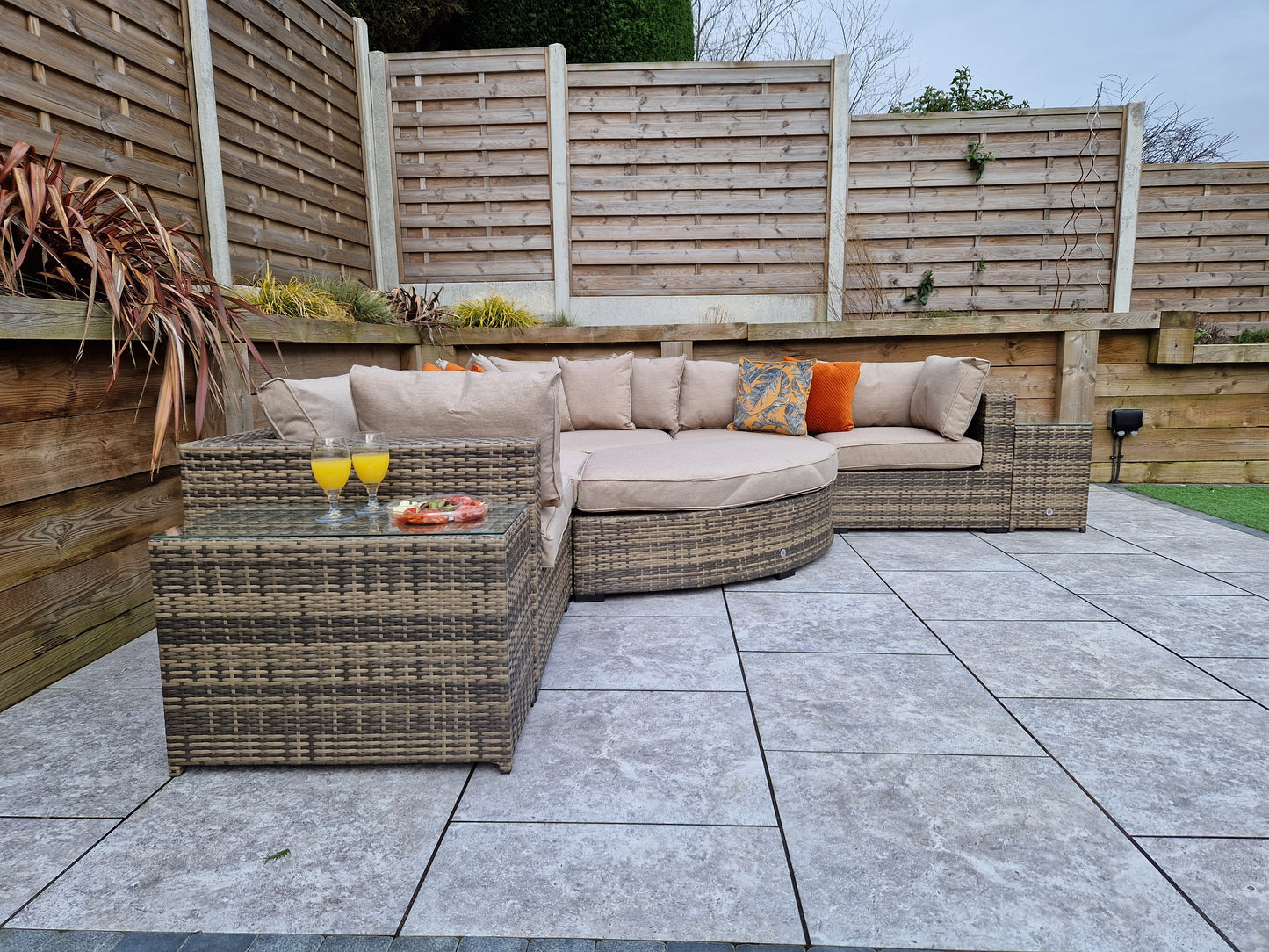 Signature Weave - Outdoor Furniture - Jessica - Corner With Poof & End Tables In Mixed Brown