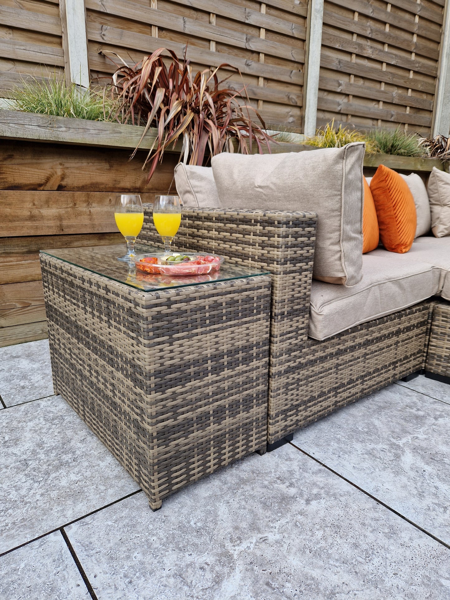 Signature Weave - Outdoor Furniture - Jessica - Corner With Poof & End Tables In Mixed Brown