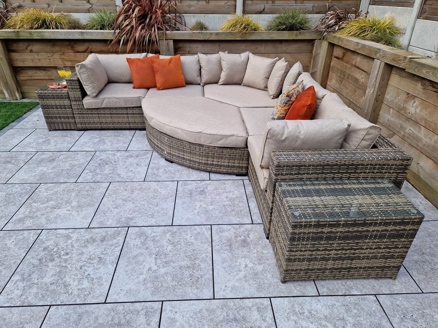 Signature Weave - Outdoor Furniture - Jessica - Corner With Poof & End Tables In Mixed Brown
