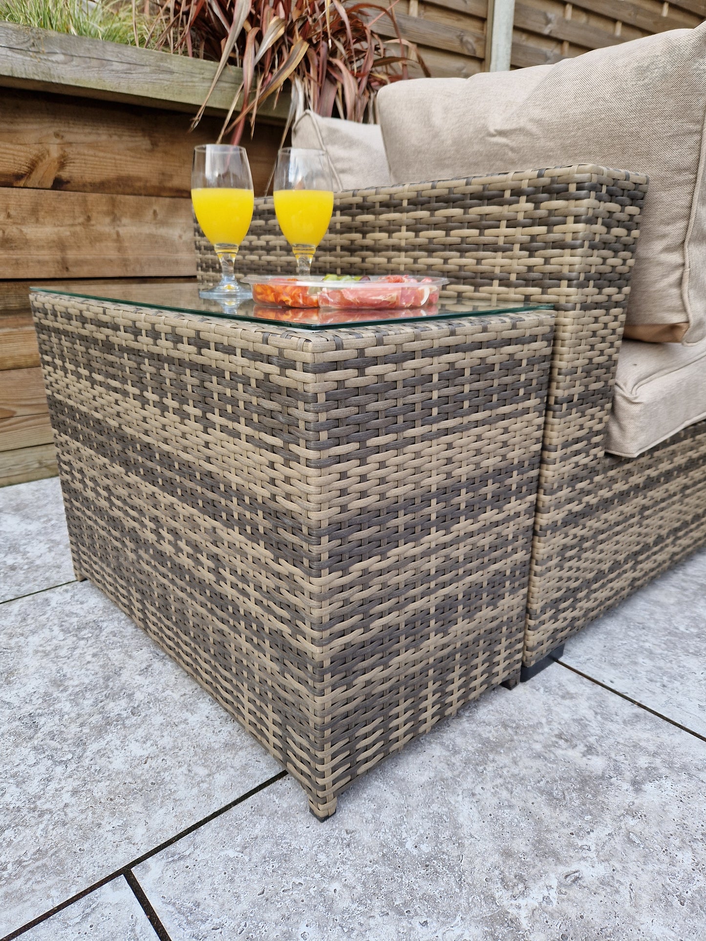 Signature Weave - Outdoor Furniture - Jessica - Corner With Poof & End Tables In Mixed Brown