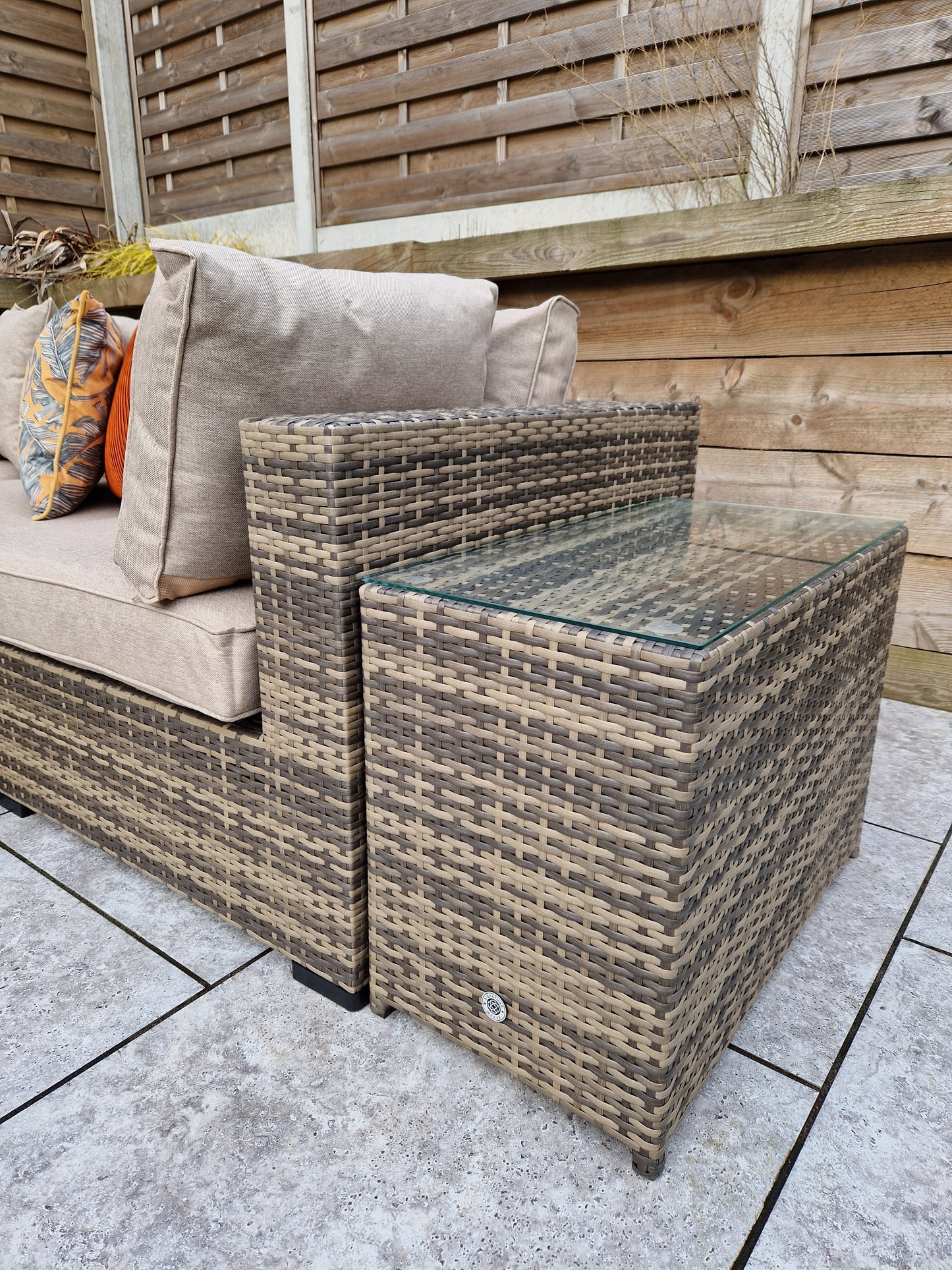 Signature Weave - Outdoor Furniture - Jessica - Corner With Poof & End Tables In Mixed Brown