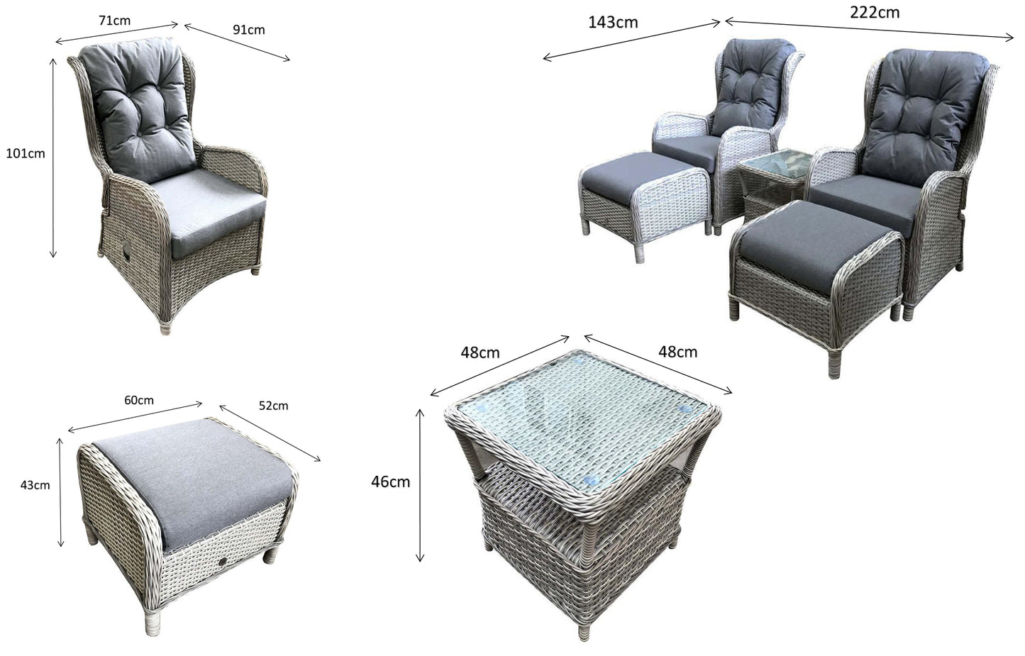 Signature Weave - Outdoor Furniture - Meghan - Five Piece Reclining Lounge Set In Fine Cream Grey Wicker With Pale Grey Cushions