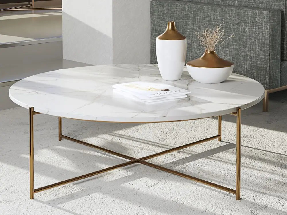 Adriana Large Round Coffee Table Bronze Frame With White Marble Top