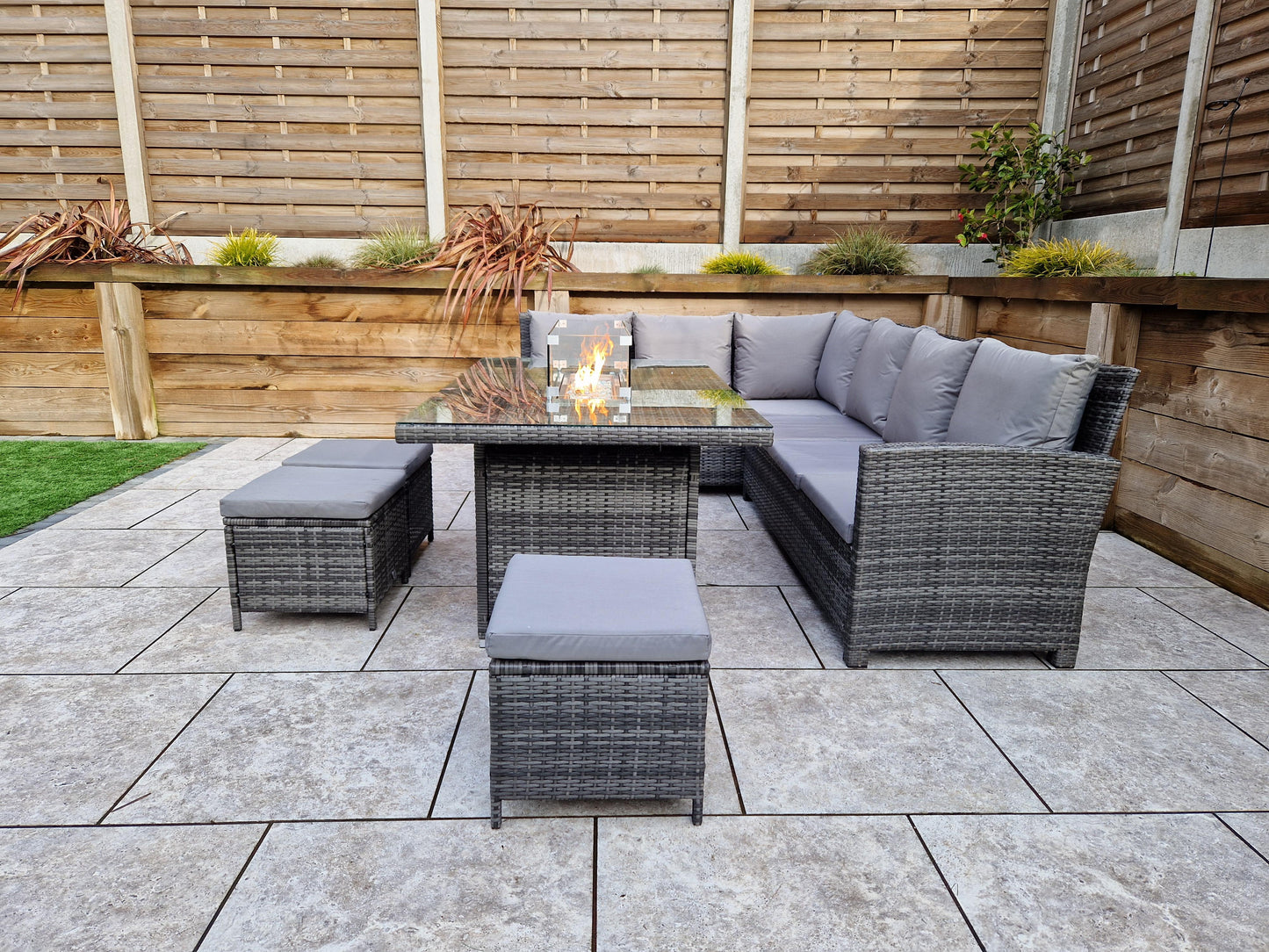 Signature Weave - Charlotte Seater Outdoor Corner Dining Sofa Set with Firepit Table