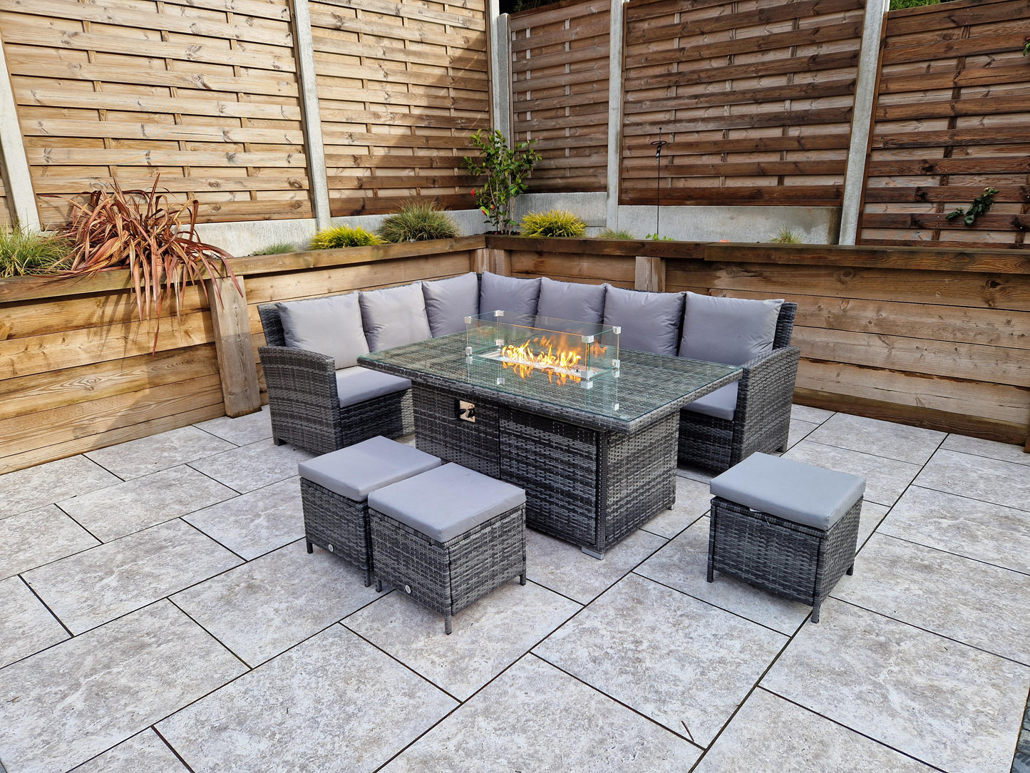 Signature Weave - Charlotte Seater Outdoor Corner Dining Sofa Set with Firepit Table