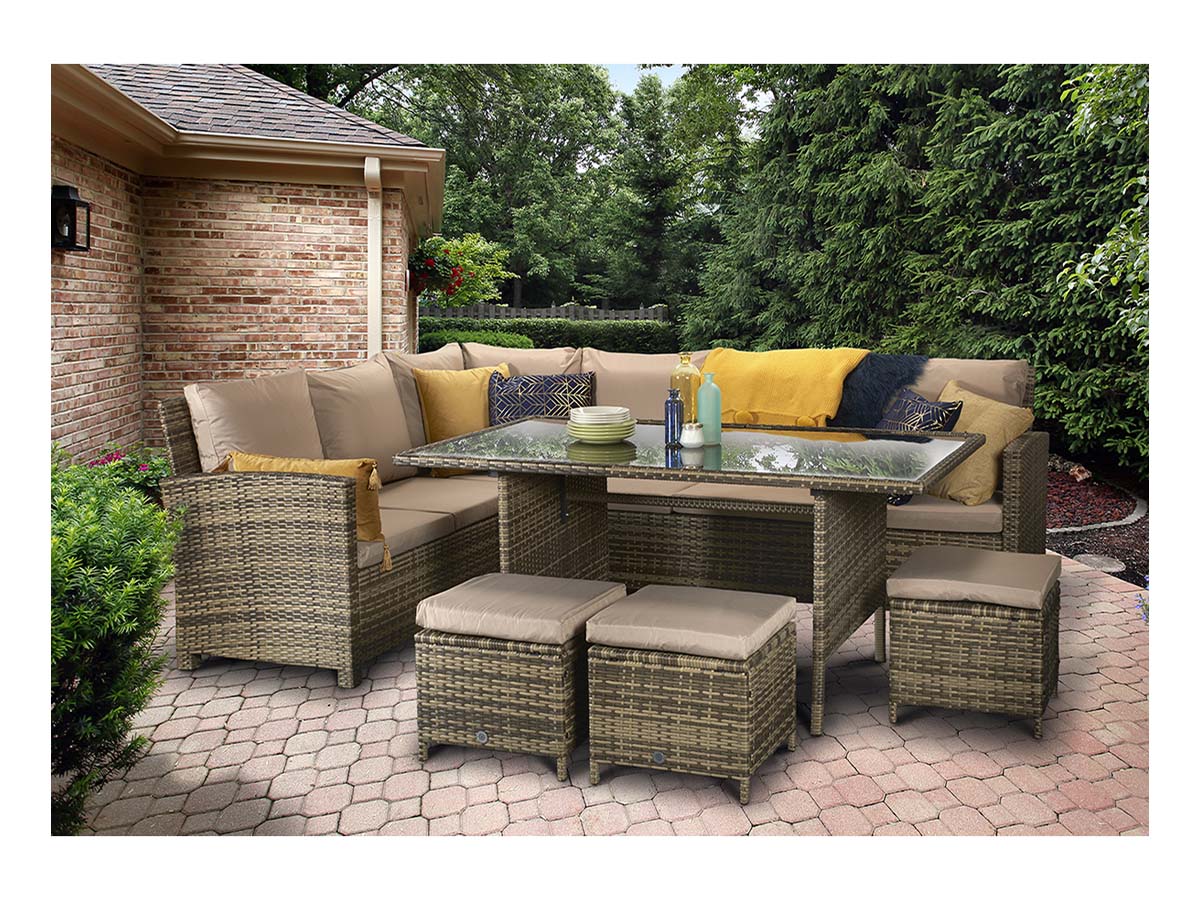 Signature Weave - Charlotte Outdoor Brown Corner Dining Sofa Set with Ottoman Stool Seats