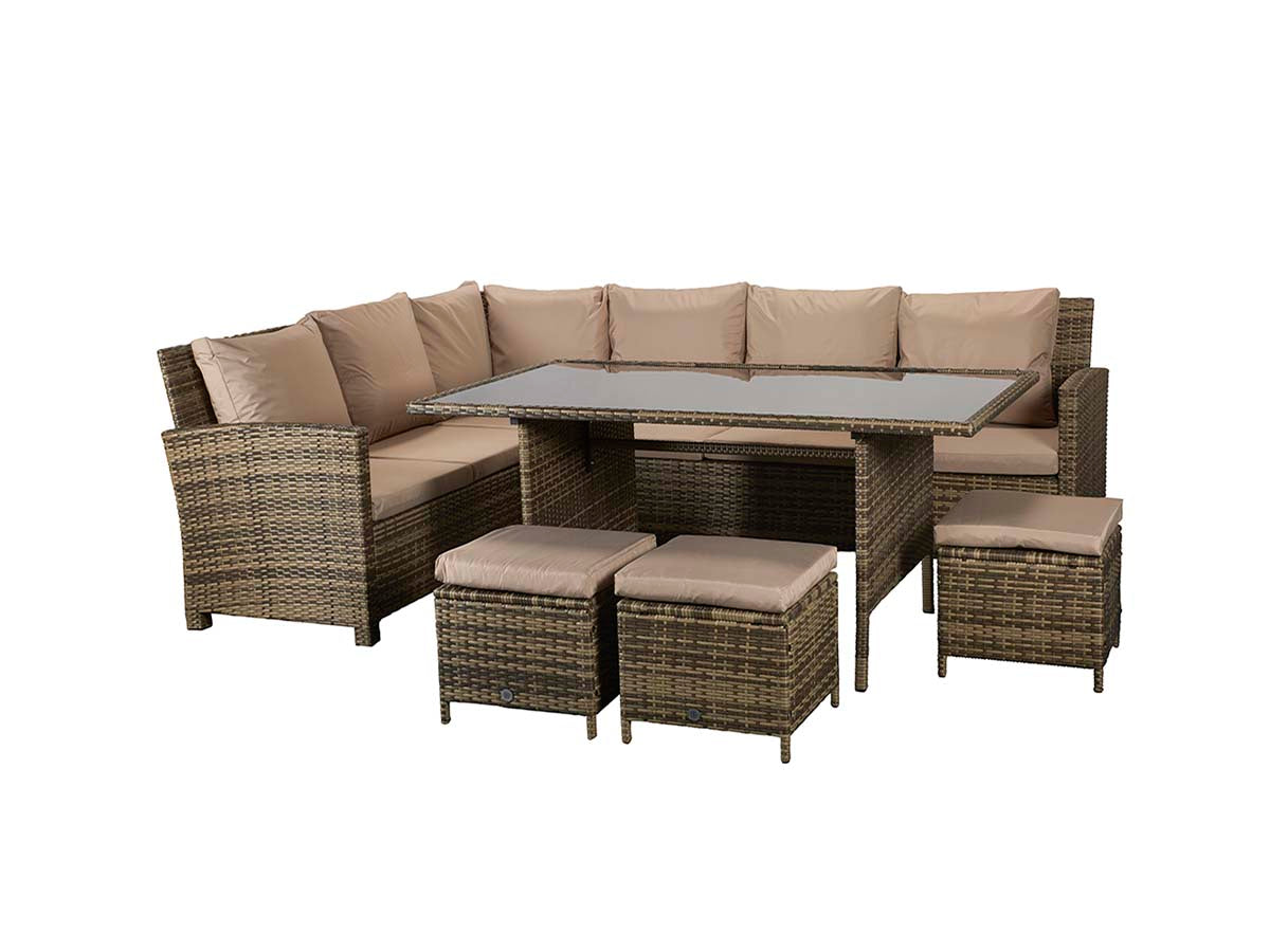 Signature Weave - Charlotte Outdoor Brown Corner Dining Sofa Set with Ottoman Stool Seats