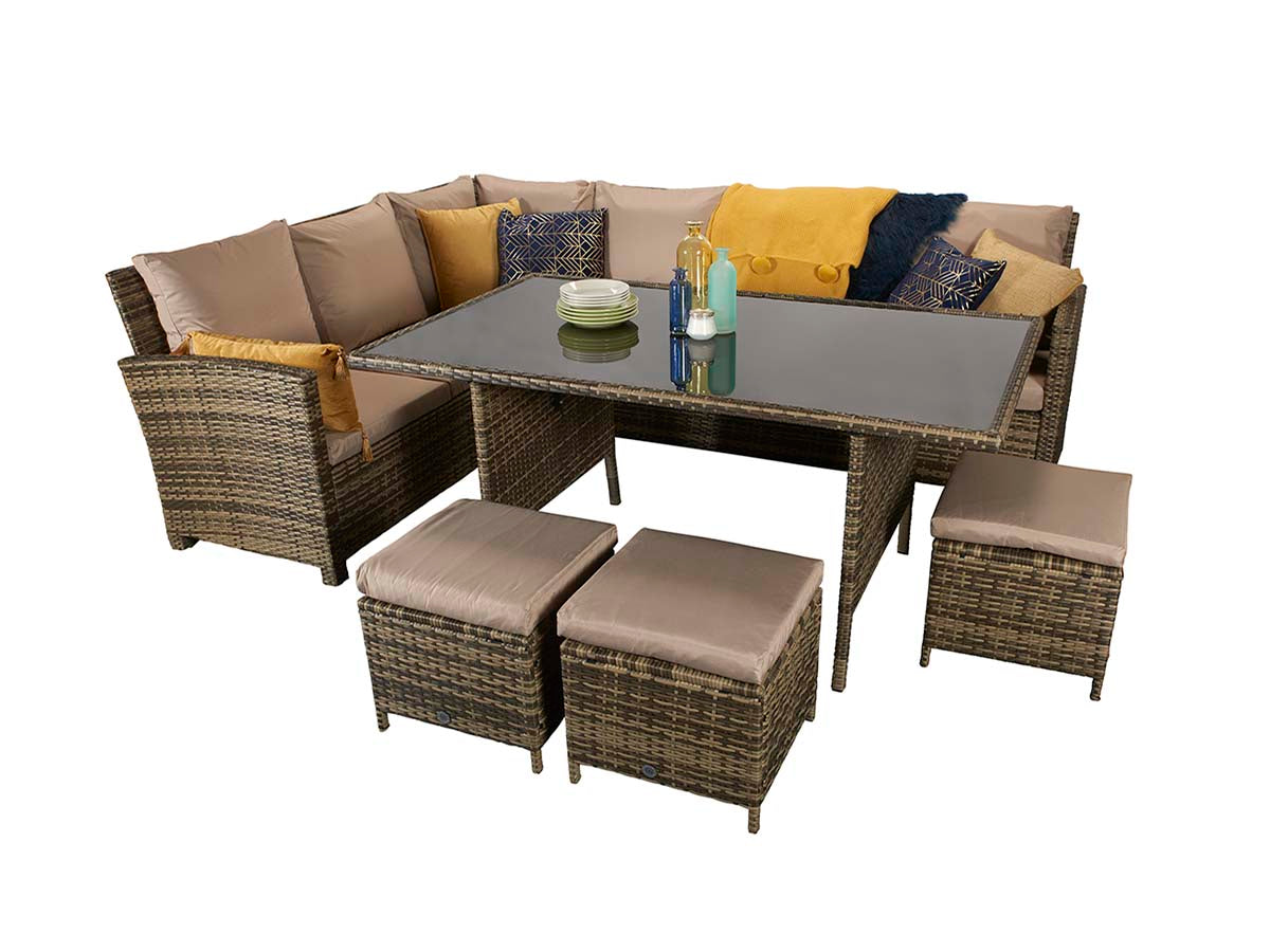 Signature Weave - Charlotte Outdoor Brown Corner Dining Sofa Set with Ottoman Stool Seats