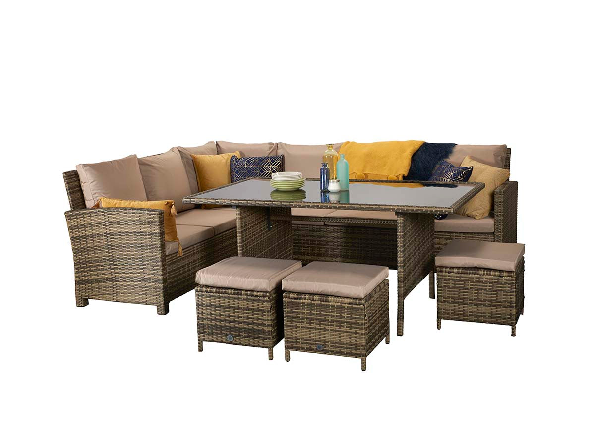 Signature Weave - Charlotte Outdoor Brown Corner Dining Sofa Set with Ottoman Stool Seats