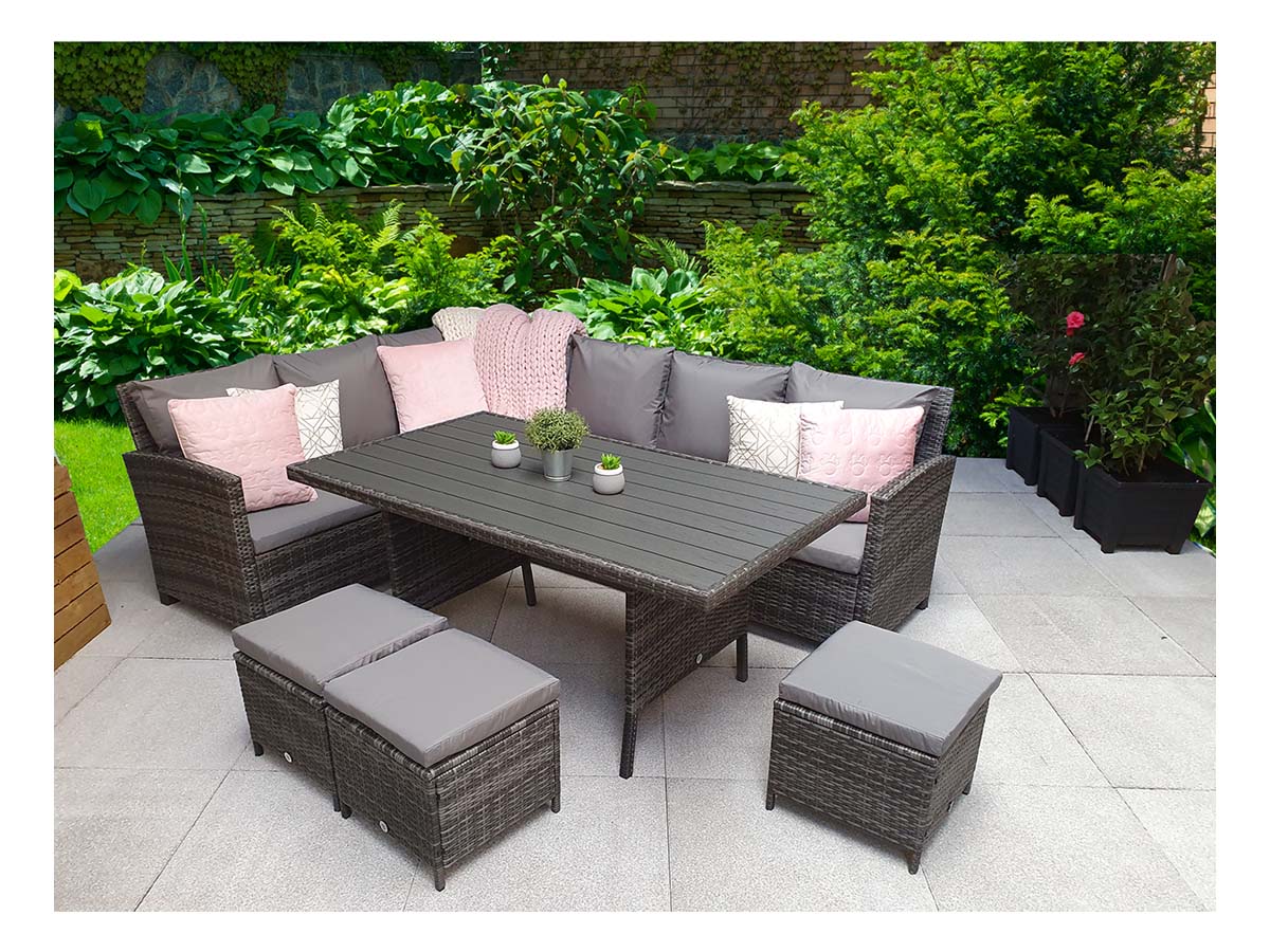 Signature Weave - Charlotte Outdoor Polywood Effect Corner Dining Set with Ottoman Stool Seats