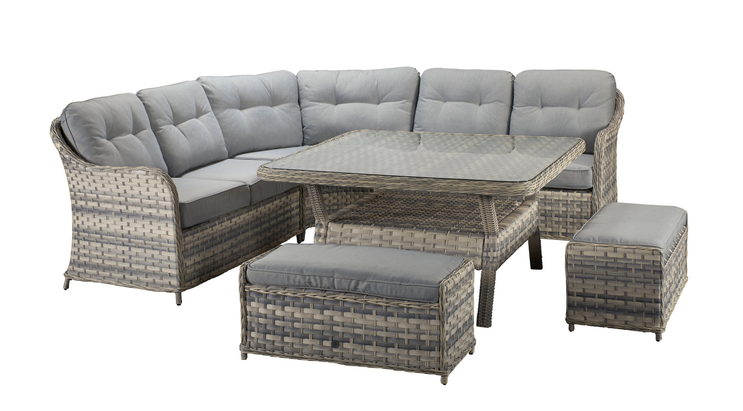 Signature Weave - Outdoor Furniture - Large Corner Dining Set With Benches In Silver Grey Wicker With Pale Grey Cushions