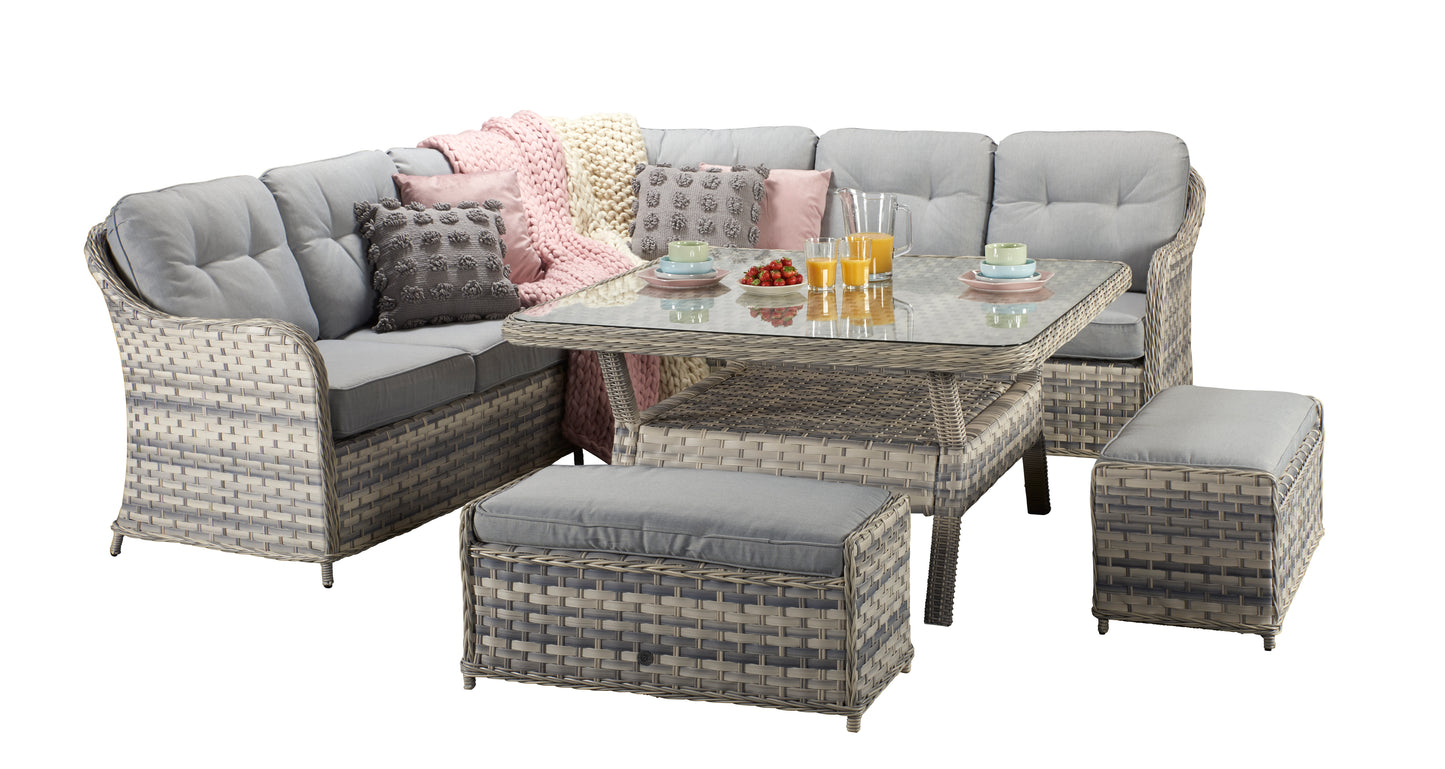 Signature Weave - Outdoor Furniture - Large Corner Dining Set With Benches In Silver Grey Wicker With Pale Grey Cushions