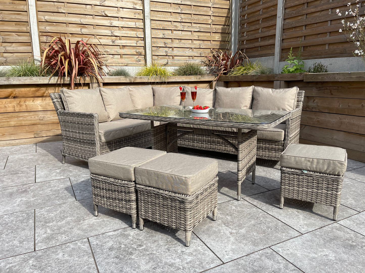 Signature Weave - Edwina Outdoor Corner Sofa Dining Set with Ottoman Stool Seats