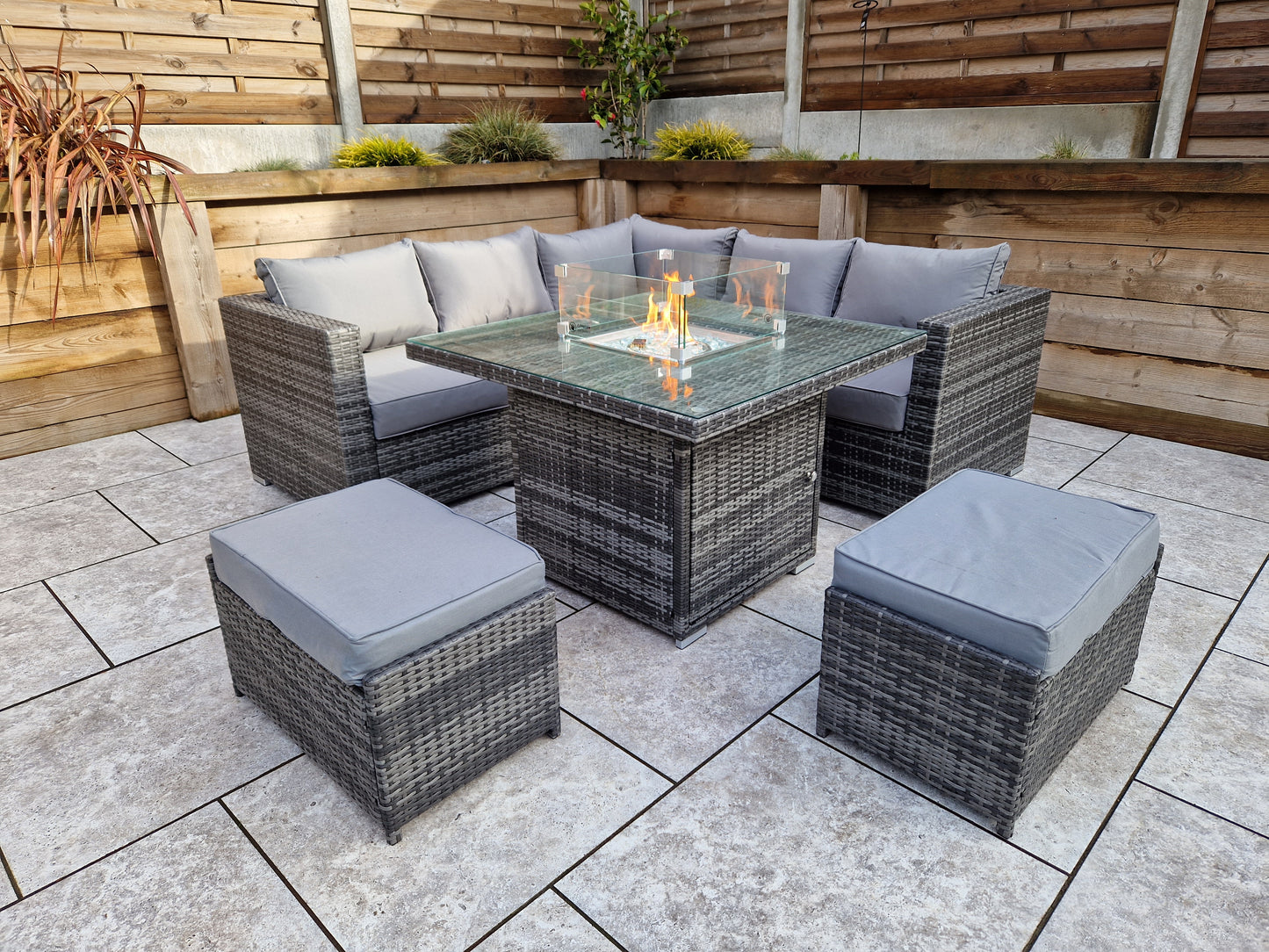 Signature Weave - Outdoor Furniture - Georgia - Firepit Table - Corner Sofa Set In Mixed Grey