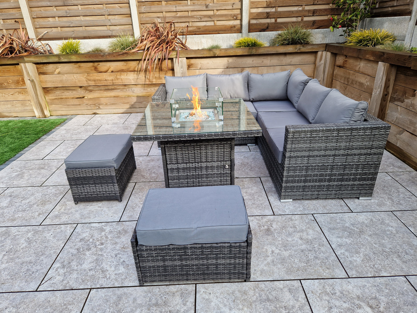 Signature Weave - Outdoor Furniture - Georgia - Firepit Table - Corner Sofa Set In Mixed Grey