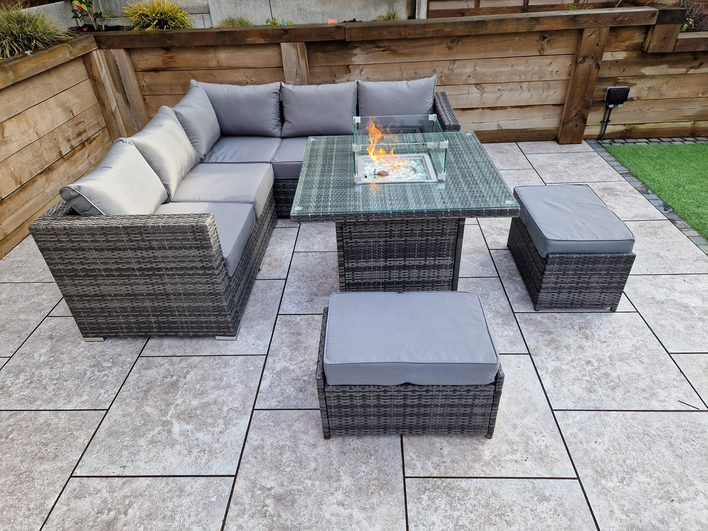 Signature Weave - Outdoor Furniture - Georgia - Firepit Table - Corner Sofa Set In Mixed Grey