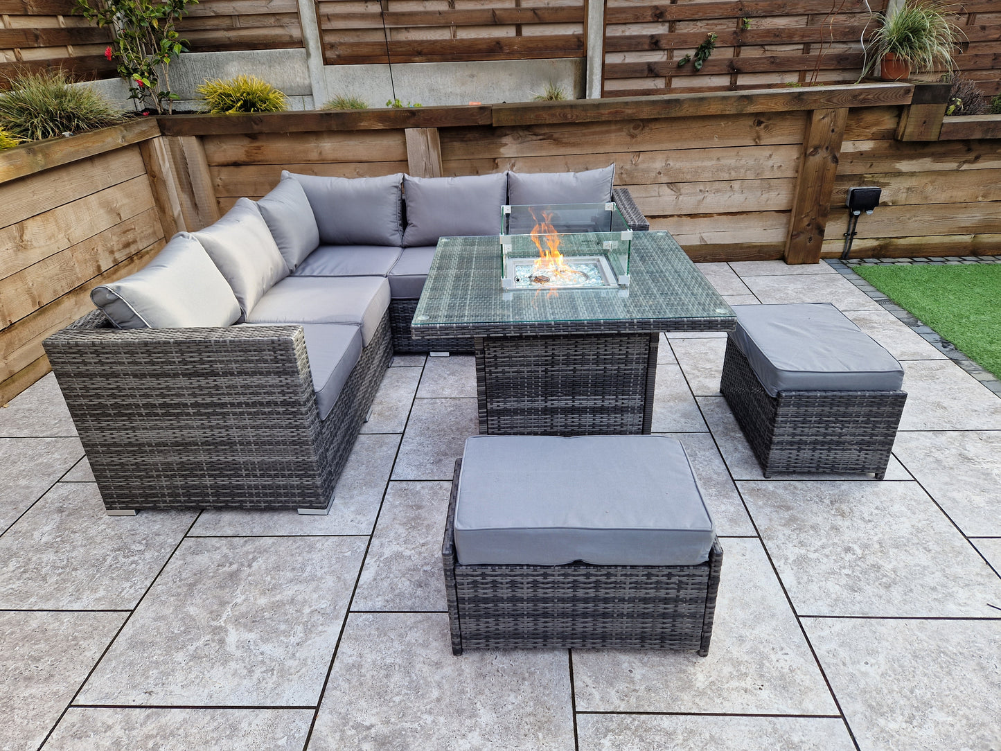 Signature Weave - Outdoor Furniture - Georgia - Firepit Table - Corner Sofa Set In Mixed Grey