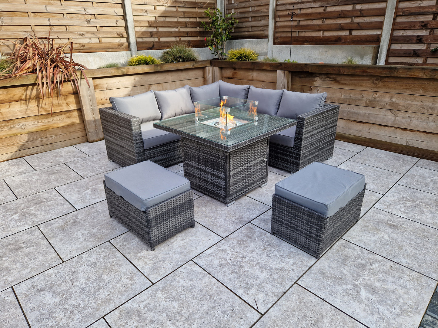 Signature Weave - Outdoor Furniture - Georgia - Firepit Table - Corner Sofa Set In Mixed Grey