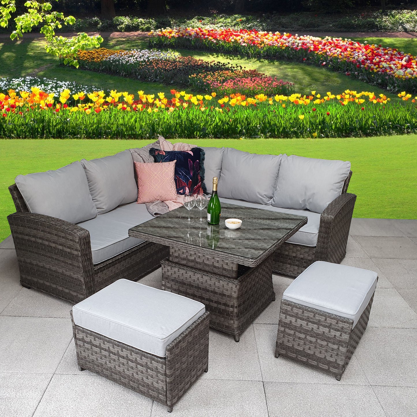 Signature Weave - Outdoor Furniture - Corner Sofa Set In 3 Weave Grey With Lift Table & 2 Ottomans