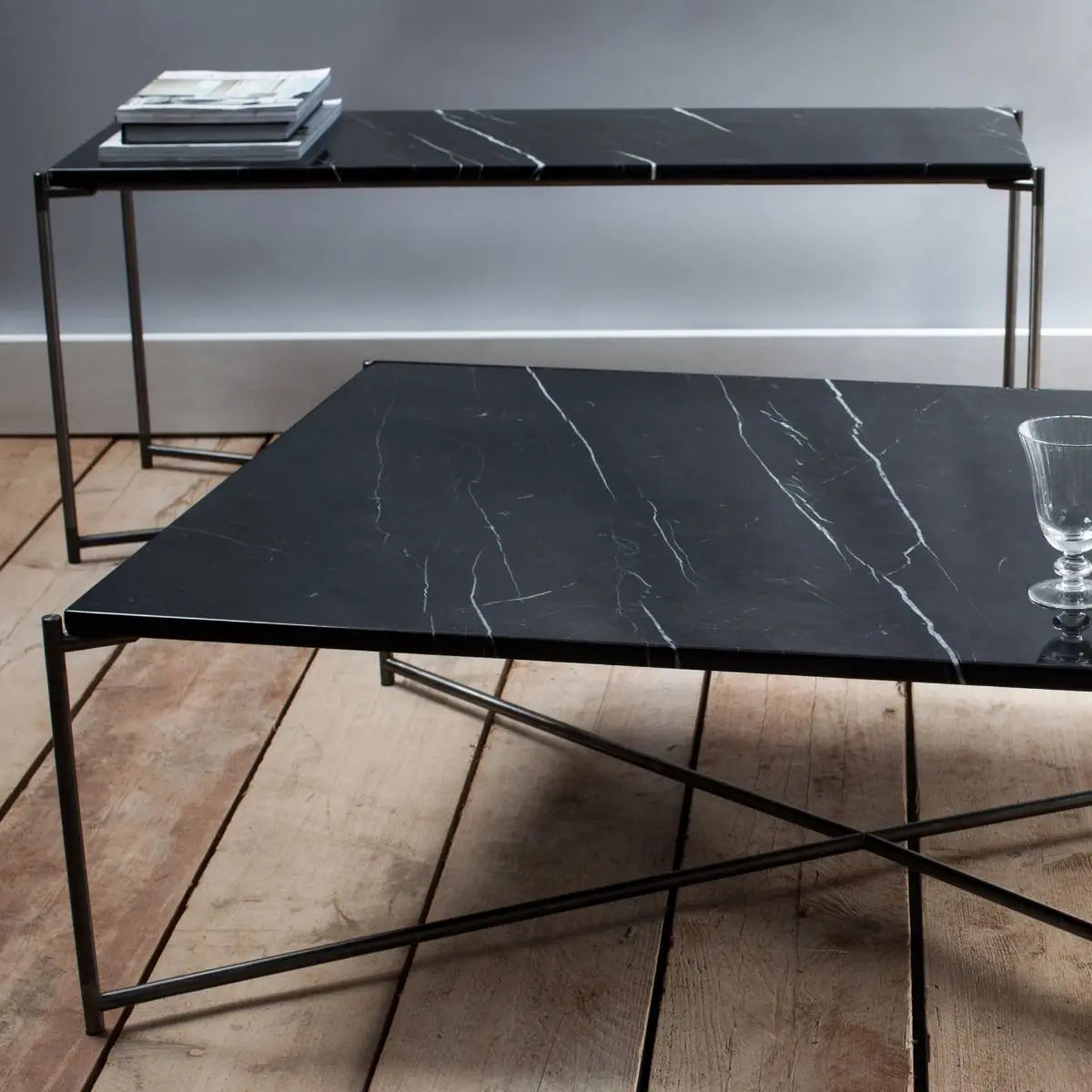 Iris Large TV Stand Black Marble Top & Gun Metal Frame