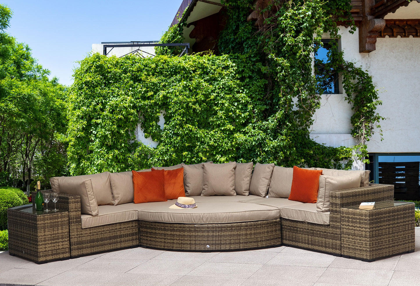 Signature Weave - Outdoor Furniture - Jessica - Corner With Poof & End Tables In Mixed Brown