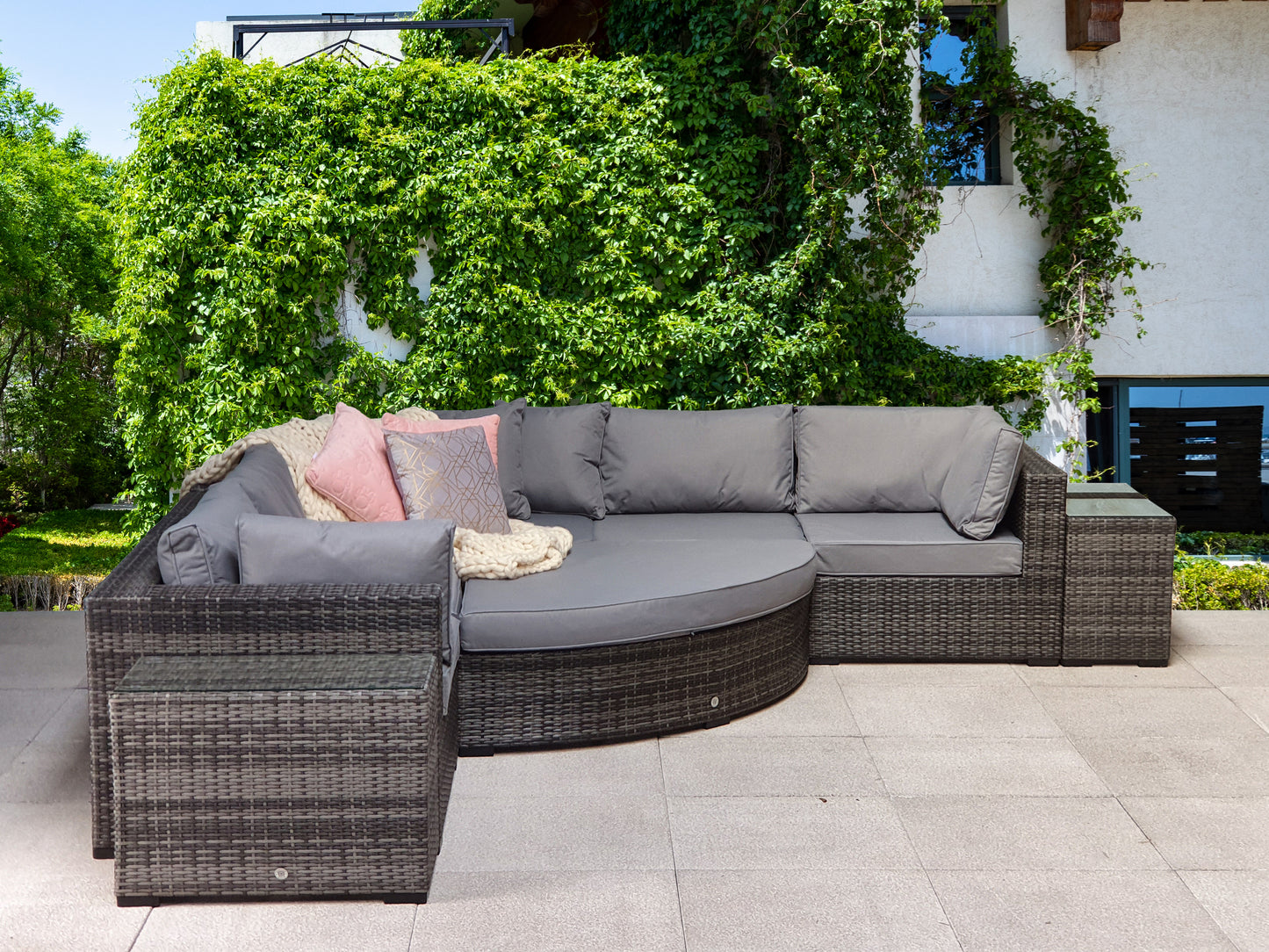 Signature Weave - Outdoor Furniture - Jessica Corner With Poof & End Tables In Mixed Grey