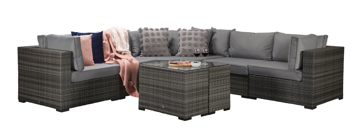Signature Weave - Outdoor Furniture - Jessica Corner With Poof & End Tables In Mixed Grey