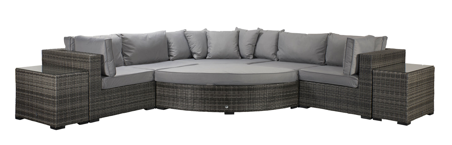 Signature Weave - Outdoor Furniture - Jessica Corner With Poof & End Tables In Mixed Grey