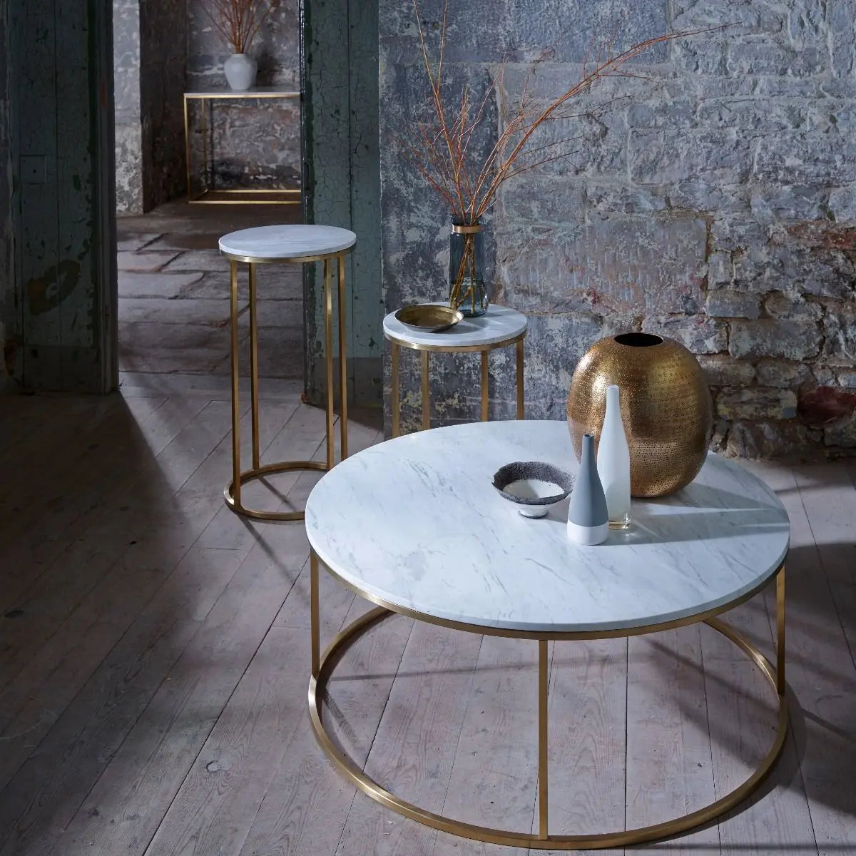 Kensal Circular Coffee Table White Marble Top & Brass Base