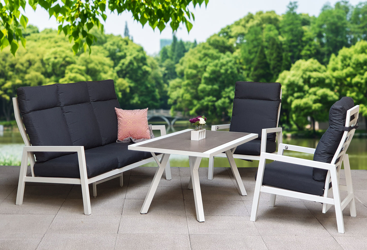 Signature Weave - Kimmie Outdoor High Back Sofa Dining Set with Armchairs White Frame