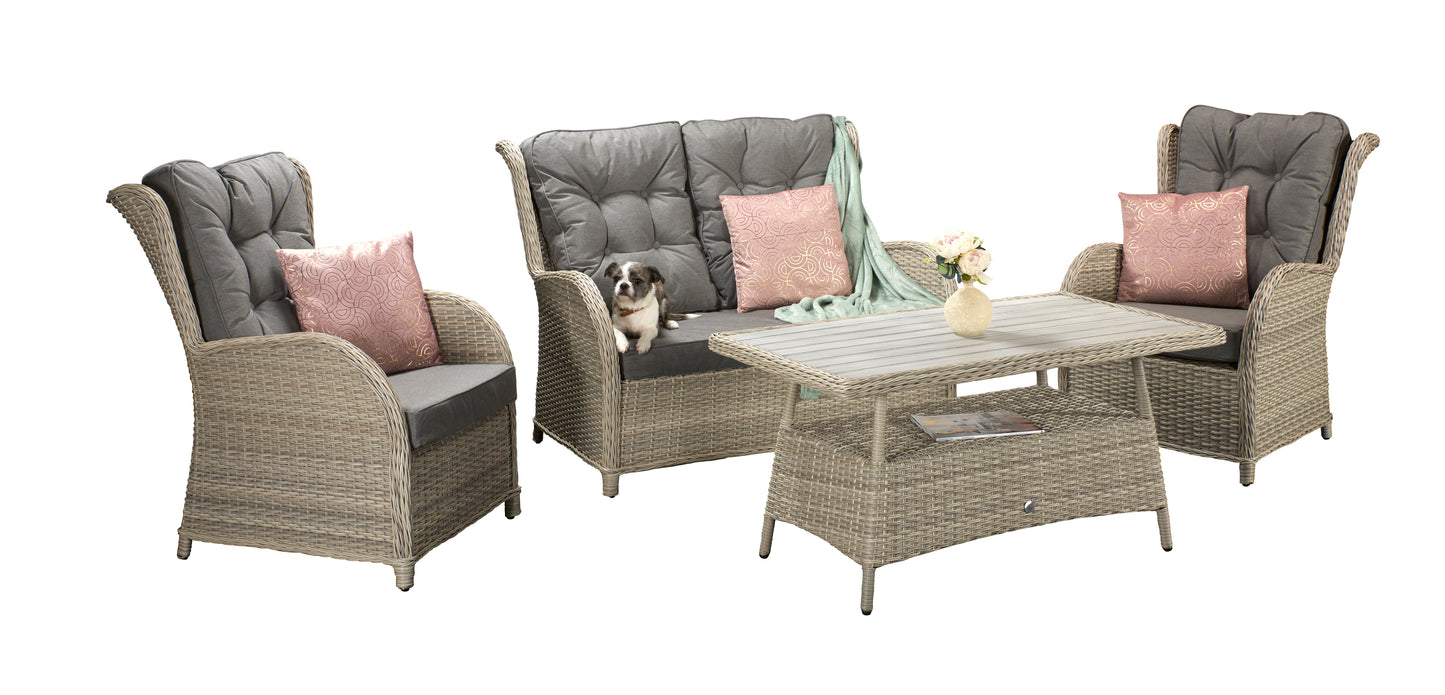 Signature Weave - Outdoor Furniture - Meghan - Four Seat Sofa Set With Supper Table In Creamy Grey Wicker With Pale Grey Cushions