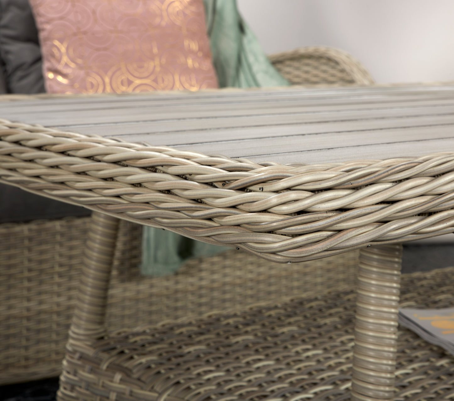 Signature Weave - Outdoor Furniture - Meghan - Four Seat Sofa Set With Supper Table In Creamy Grey Wicker With Pale Grey Cushions