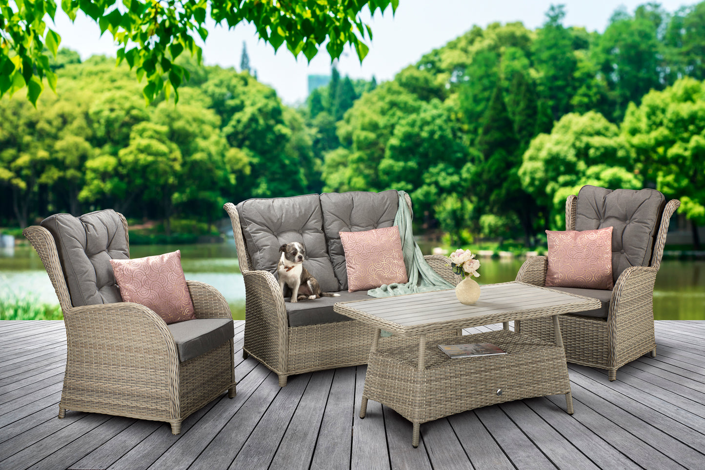 Signature Weave - Outdoor Furniture - Meghan - Four Seat Sofa Set With Supper Table In Creamy Grey Wicker With Pale Grey Cushions