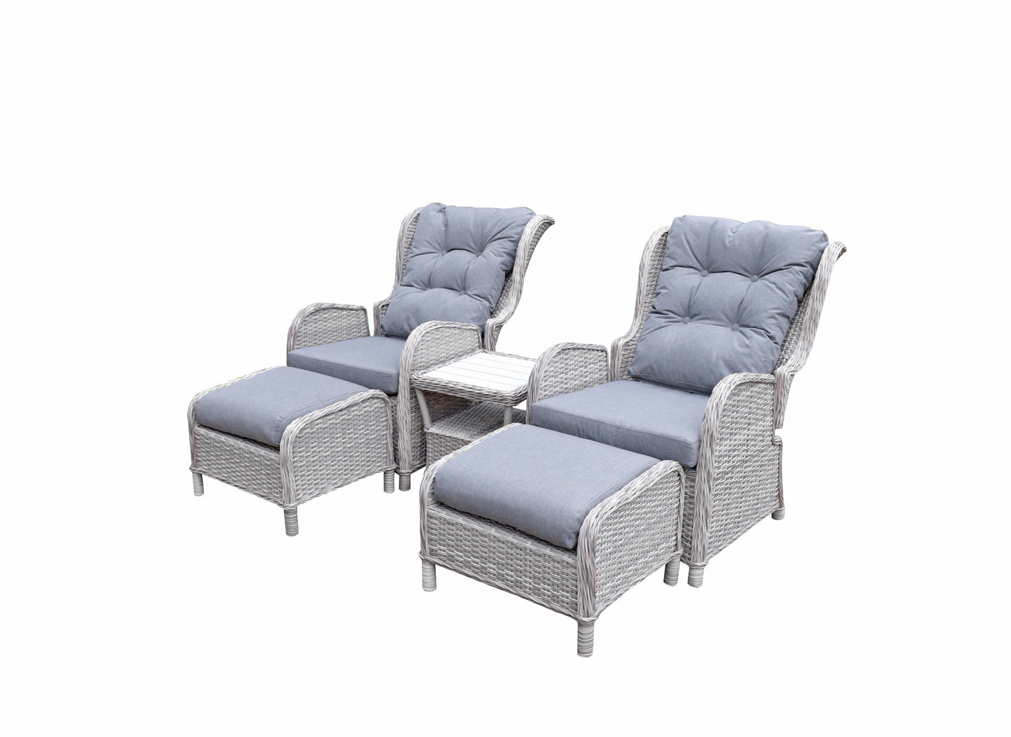 Signature Weave - Outdoor Furniture - Meghan - Five Piece Reclining Lounge Set In Fine Cream Grey Wicker With Pale Grey Cushions