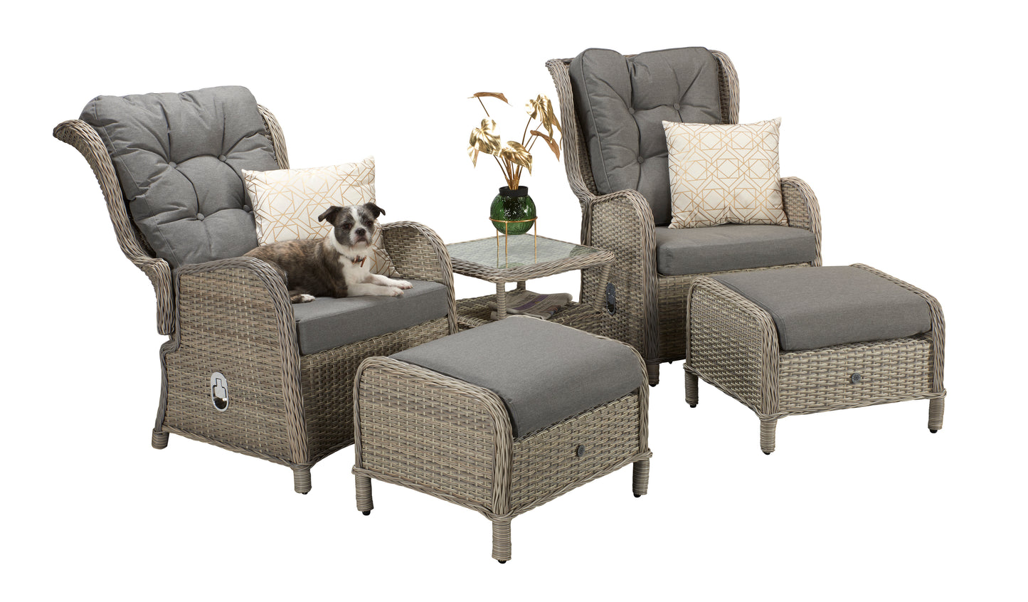 Signature Weave - Outdoor Furniture - Meghan - Five Piece Reclining Lounge Set In Fine Cream Grey Wicker With Pale Grey Cushions