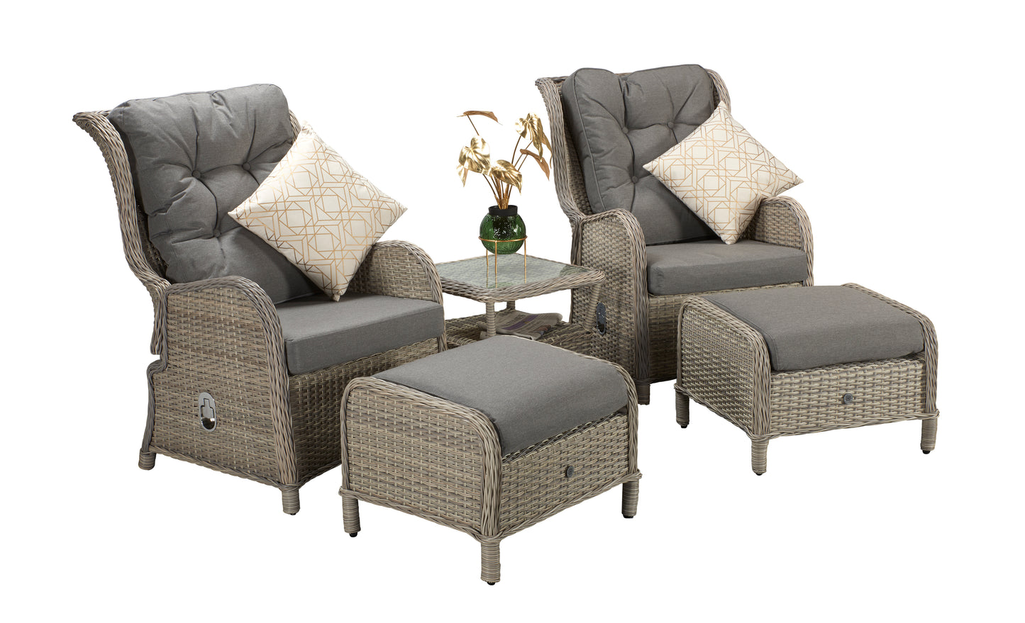 Signature Weave - Outdoor Furniture - Meghan - Five Piece Reclining Lounge Set In Fine Cream Grey Wicker With Pale Grey Cushions