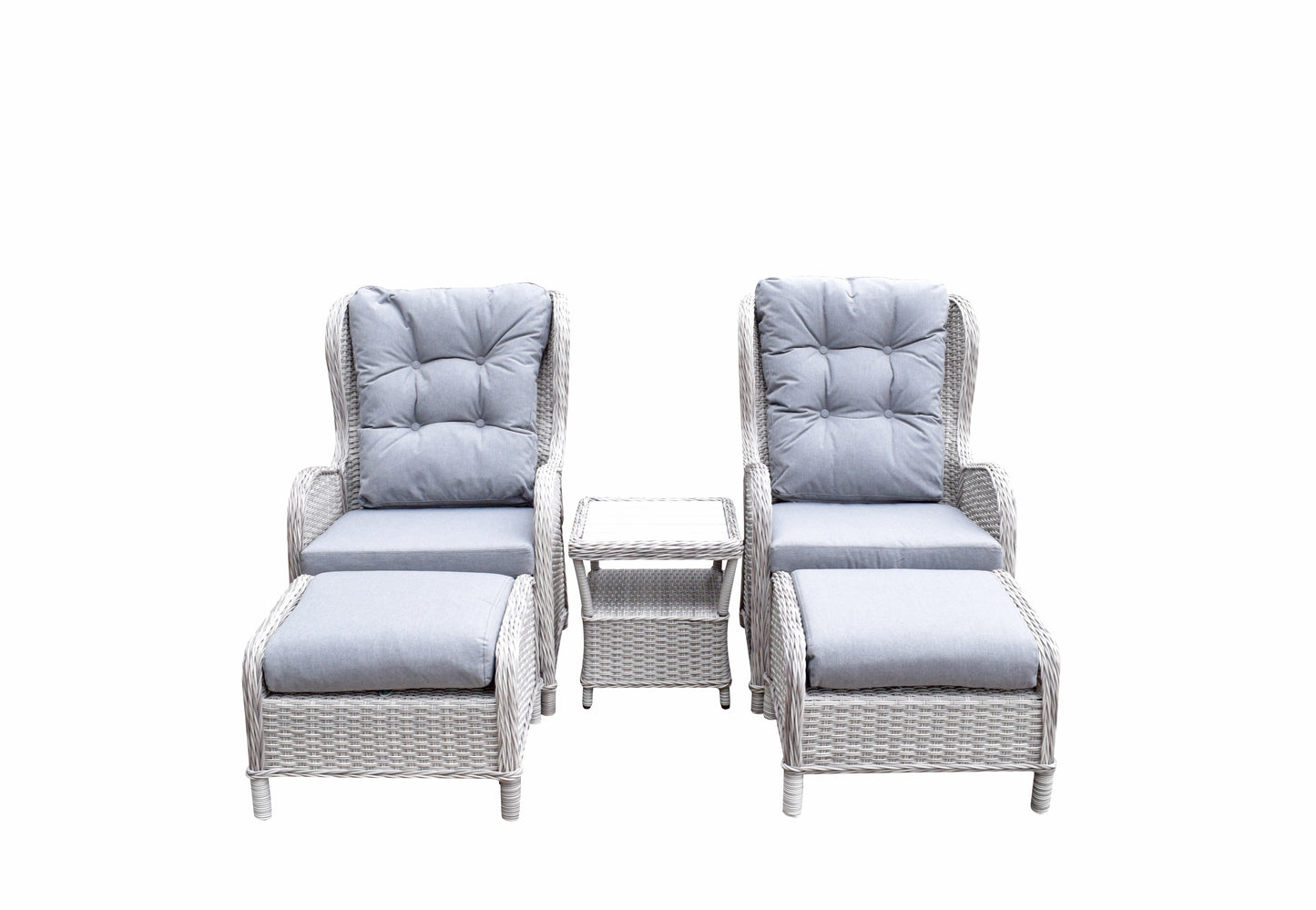 Signature Weave - Outdoor Furniture - Meghan - Five Piece Reclining Lounge Set In Fine Cream Grey Wicker With Pale Grey Cushions