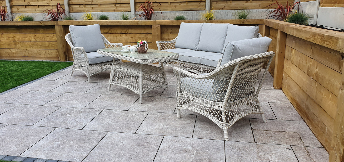 Signature Weave - Outdoor Furniture - Rose - 5 Seat Sofa Set With Coffee Table In Soft White Wicker