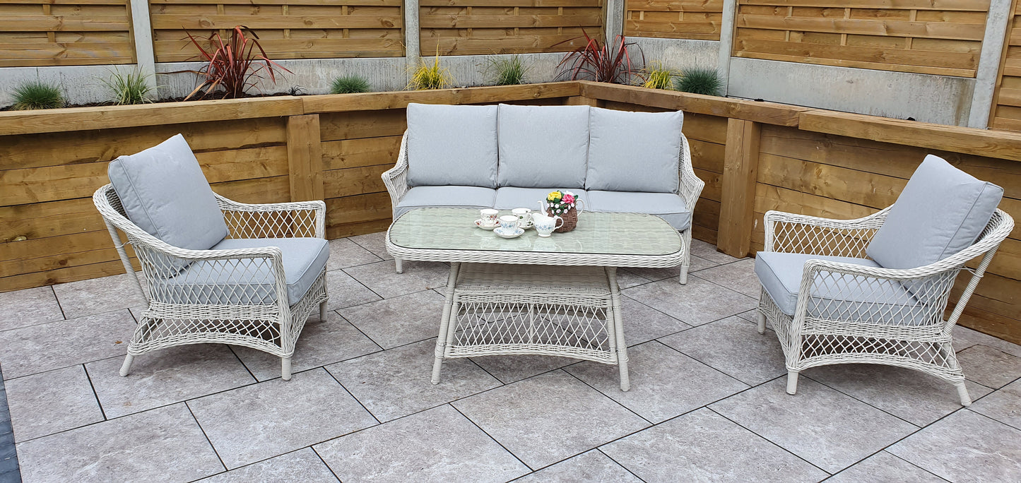 Signature Weave - Outdoor Furniture - Rose - 5 Seat Sofa Set With Coffee Table In Soft White Wicker